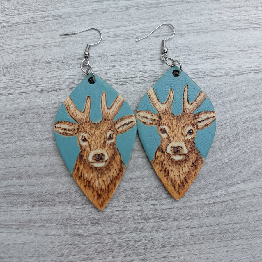 Unique Pyrography Stag Lightweight Wood Earrings. Ideal for Nature Lovers.