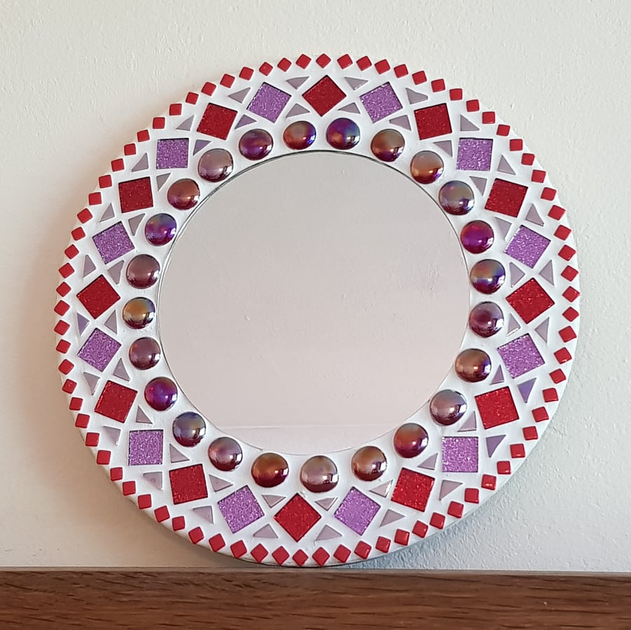 Round Mosaic Wall Mirror 30cm in Red & Purple