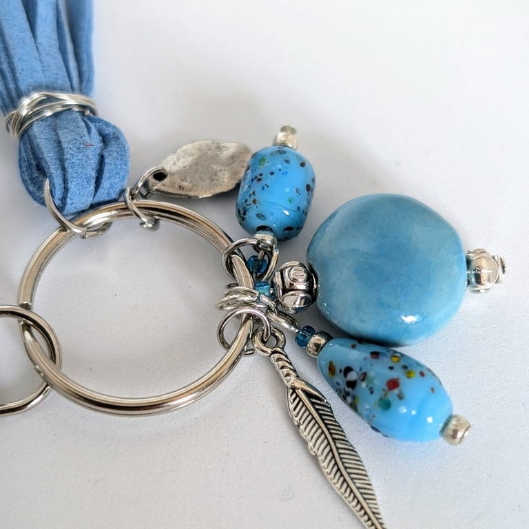 Venetian Bead Bag Charm: Turquoise Blue and Silver, Keyring and Lobster Clasp