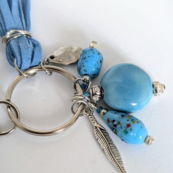 Venetian Bead Bag Charm: Turquoise Blue and Silver, Keyring and Lobster Clasp