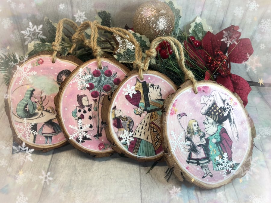 Alice in Wonderland rustic log slice Christmas tree decorations - set of 4 