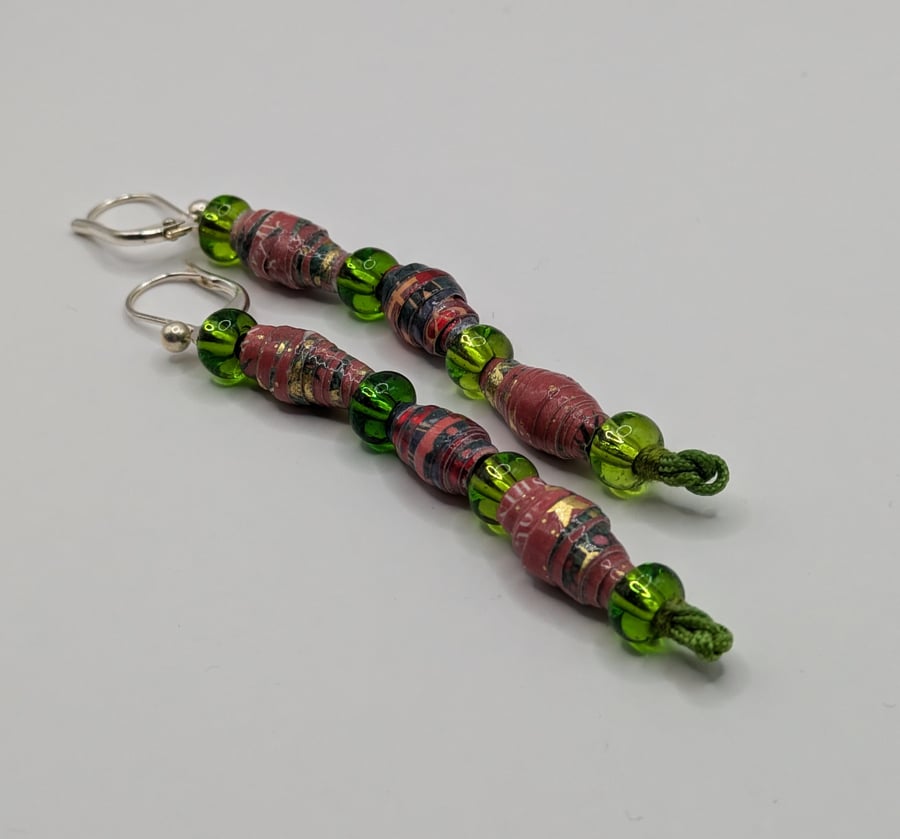 Red and Green Handmade Paper Bead Christmas Earrings 