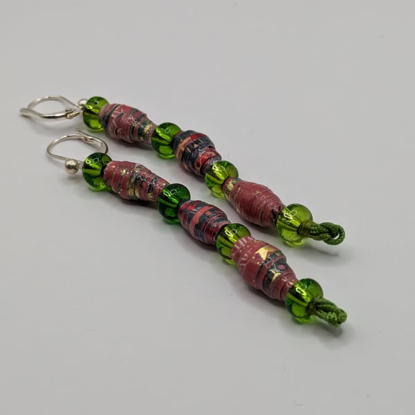 Red and Green Handmade Paper Bead Christmas Earrings 
