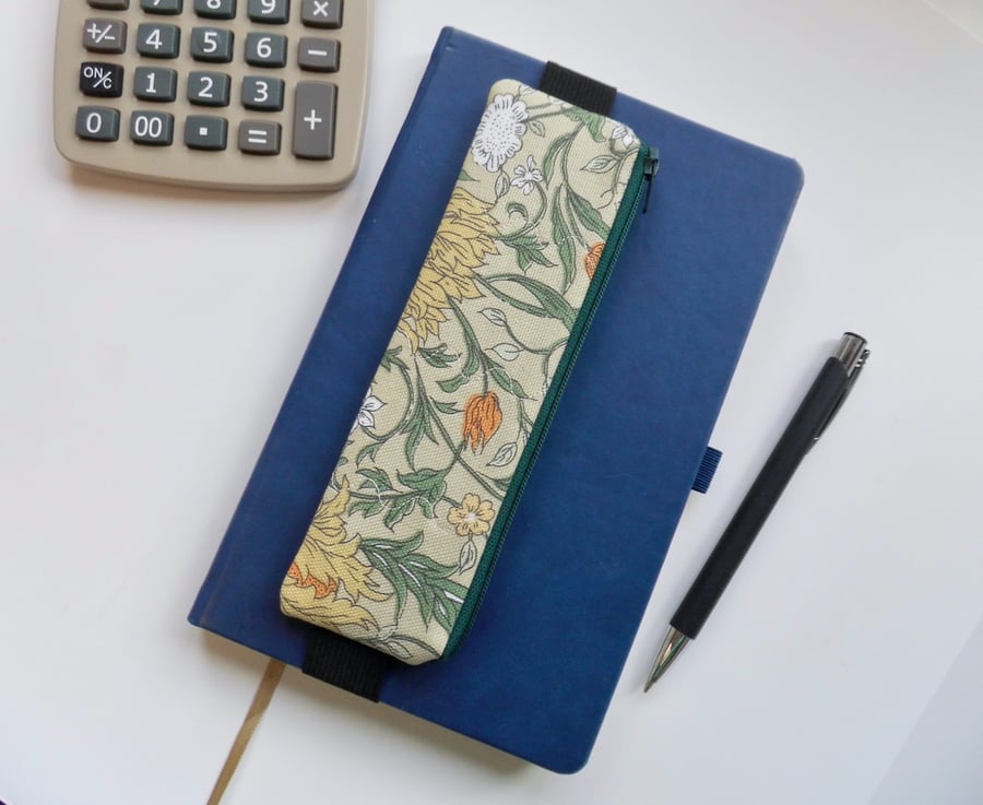 Elasticated pencil case for cover of notebook floral orange and green 