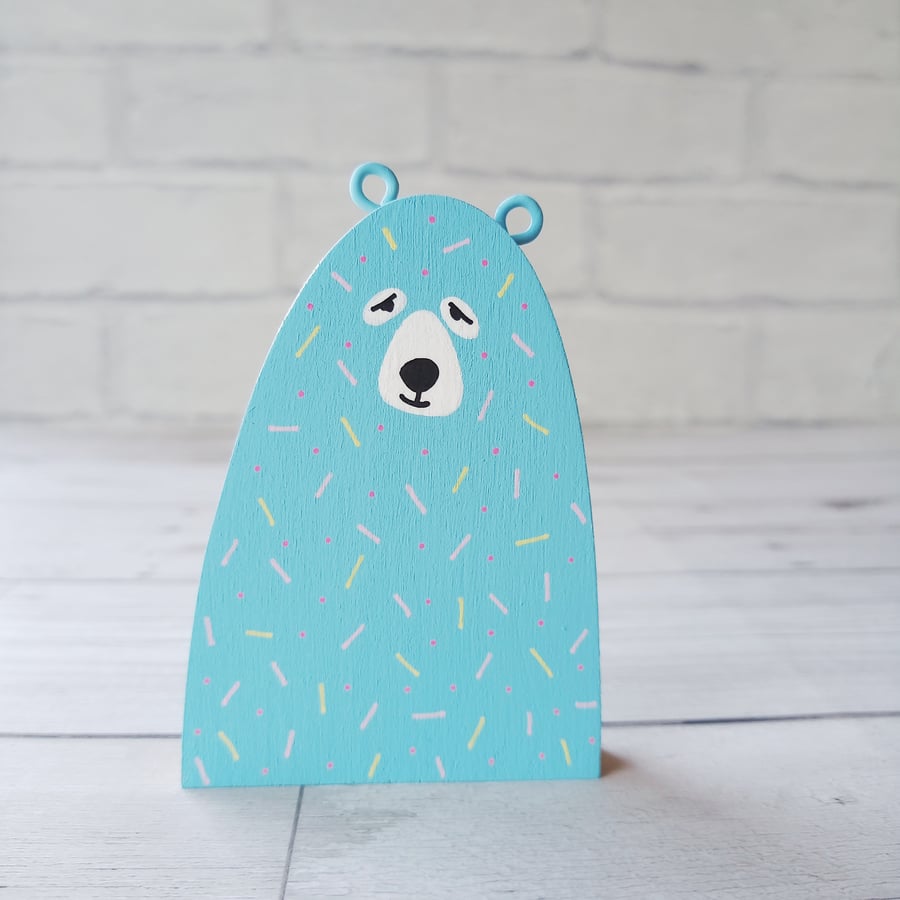 Squinty Turquoise Bear, Handmade Wooden Bear