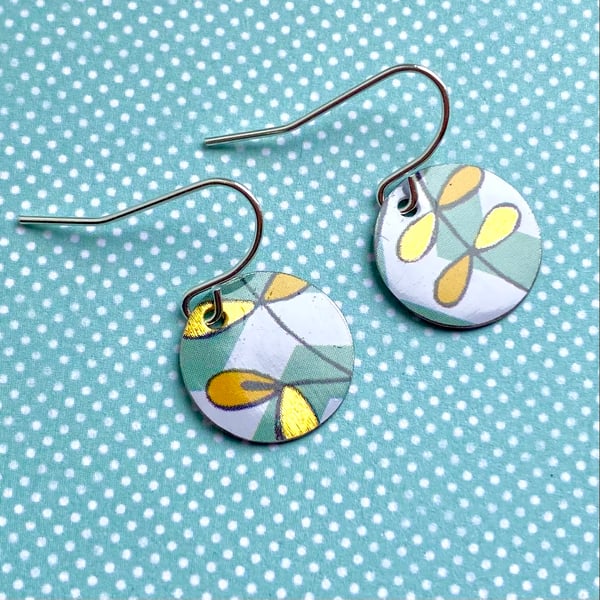 Recycled tin yellow & gold flower circle drop earrings