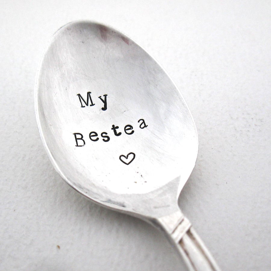 My Bestea, Hand Stamped Teaspoon, Handstamped Vintage Tea Spoon, Silver Rose