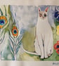 Cat & peacock feathers watercolour painting - Image 6