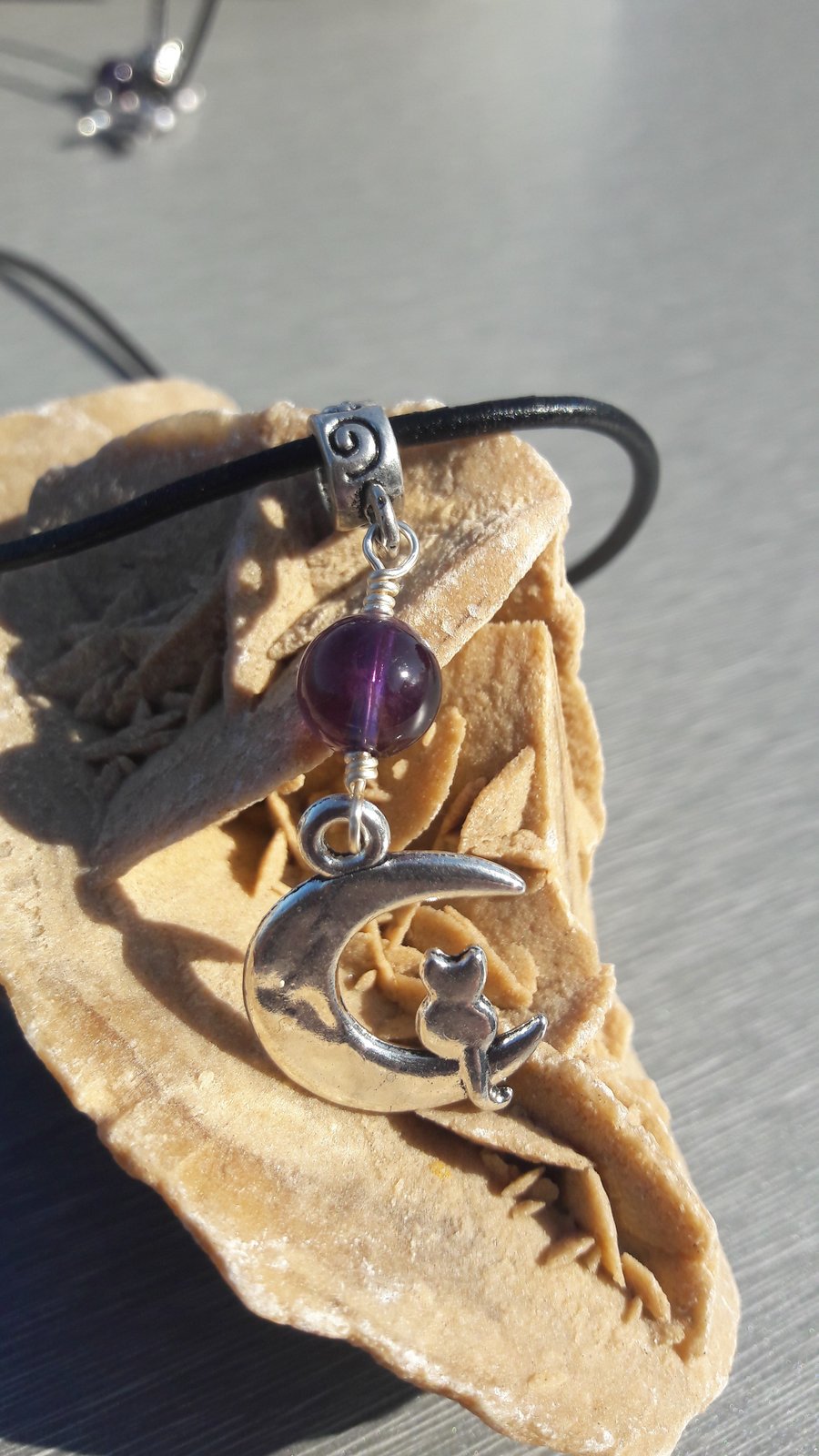 Cat in the Moon and Amethyst Pendant on Leather Cord Necklace