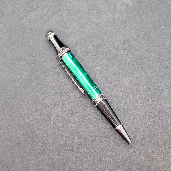 Handcrafted, Lathe turned, Lancer Pen, with an Green, white, black acrylic body