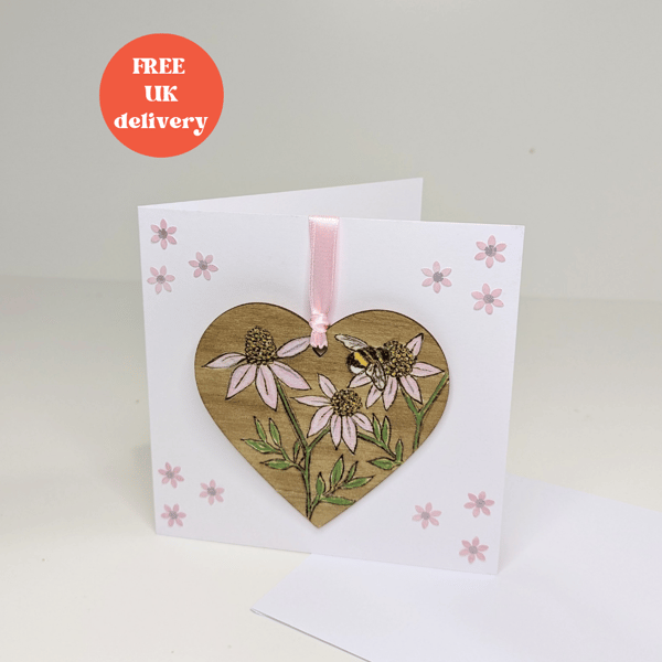 Handmade card with pyrography wooden floral heart decoration, any occasion card