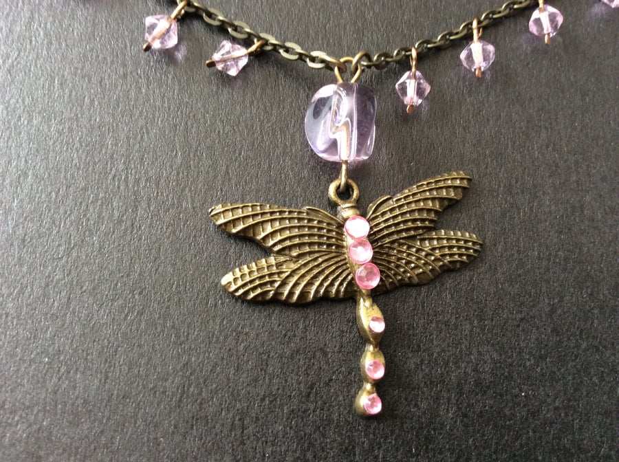 Pink Crystal Dragonfly Pendant Necklace 