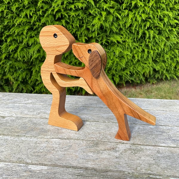 Handcrafted Wooden Man & His Favorite Leaping Dog Sculpture