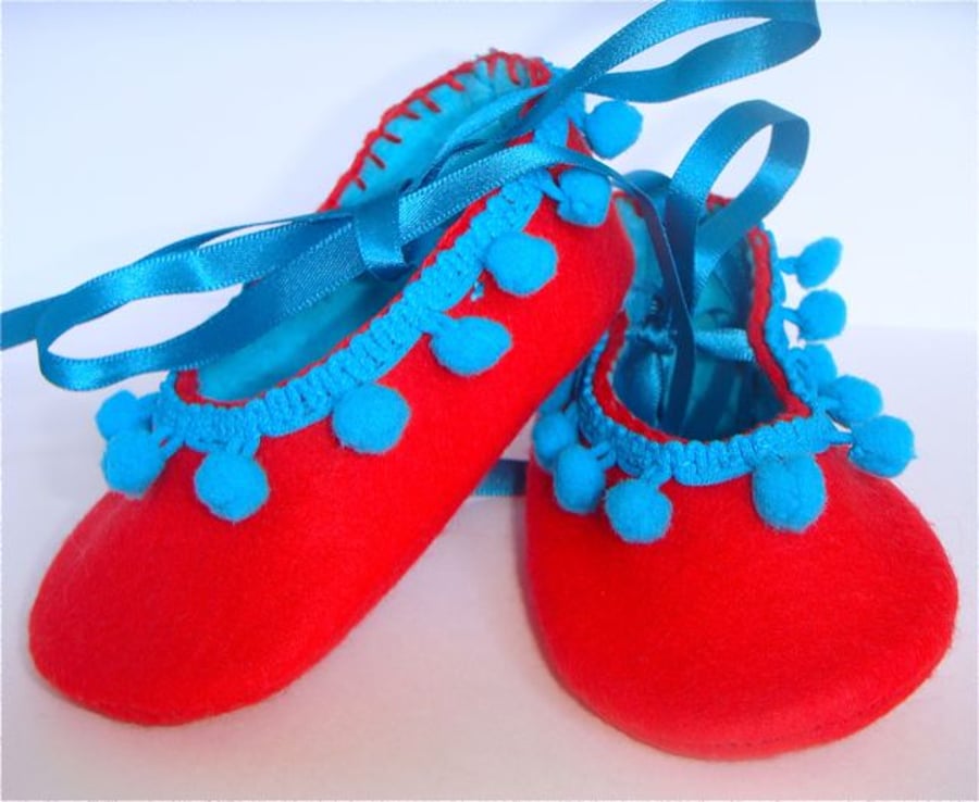 SALE Turquoise and Red Felt Pom Pom Baby Shoes Small