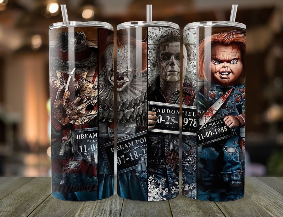 20oz Horror Mugshot Tumbler - Freddy, Pennywise, Michael Myers, Chucky - Insulat