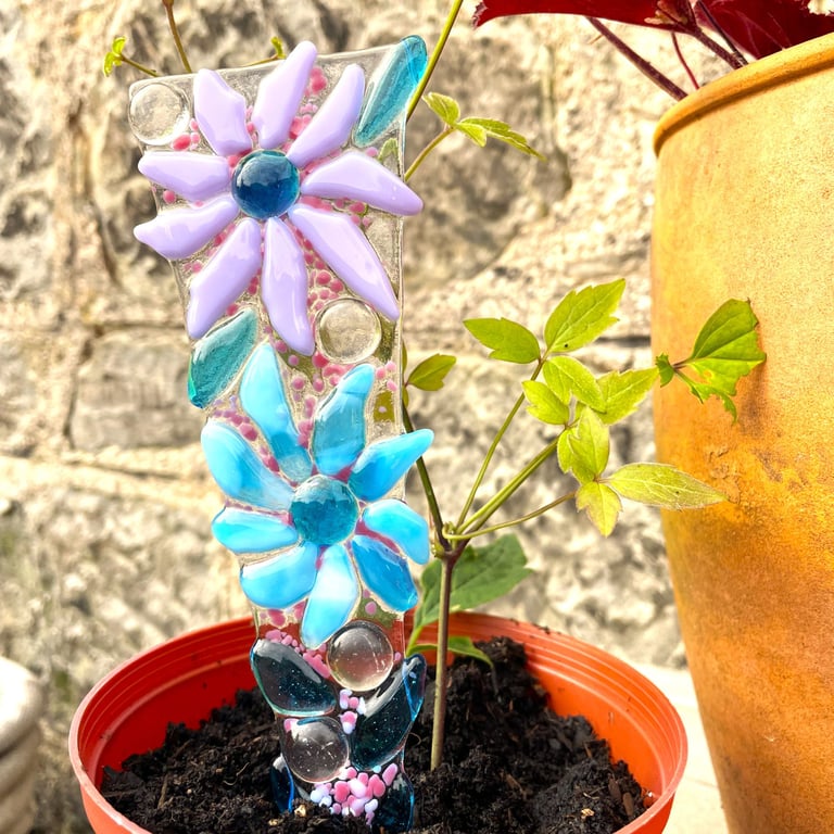 Blues and lilacs fused glass plant stake 
