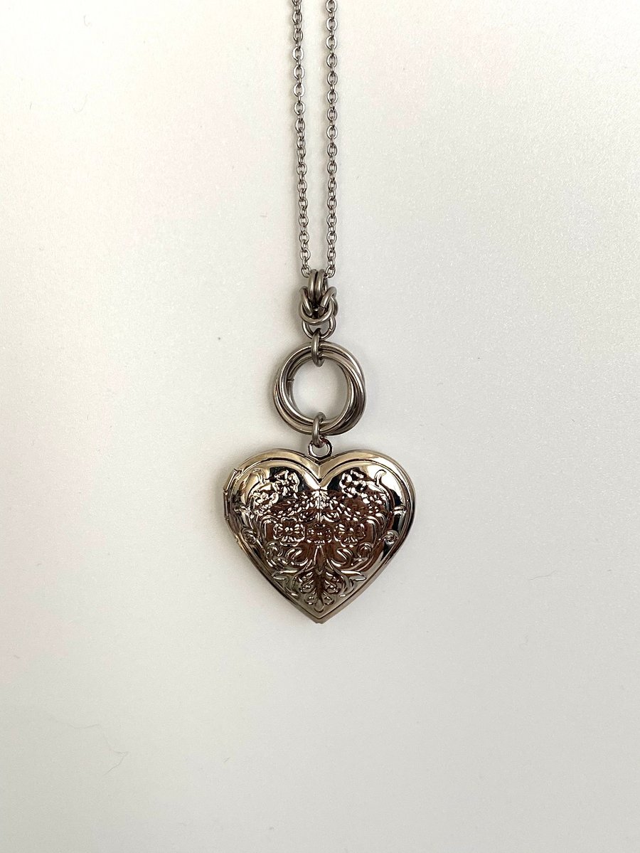 Large Silver Heart Photo Locket Pendant Necklace for Her