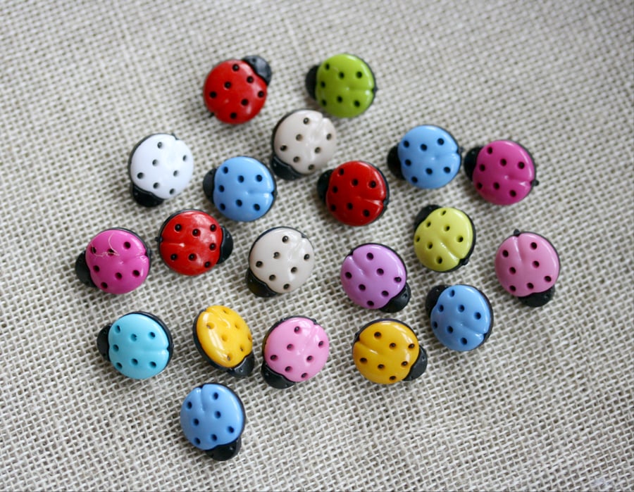 20 Ladybird Buttons, Mixed Bright Coloured Buttons