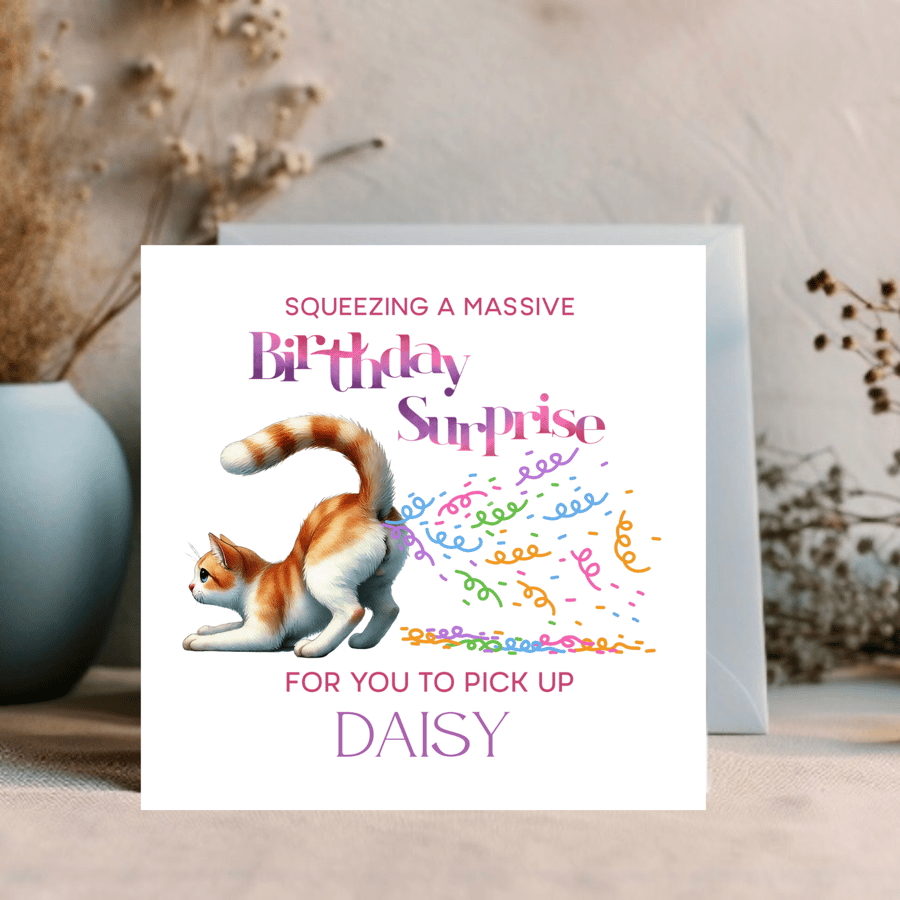 Funny Cat Card can be personalised with a name