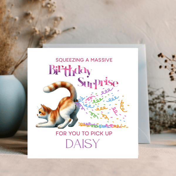 Funny Cat Card can be personalised with a name