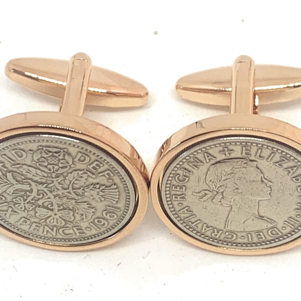 1961 Sixpence Cufflinks 63rd birthday. Original sixpence coins from 1961 RG