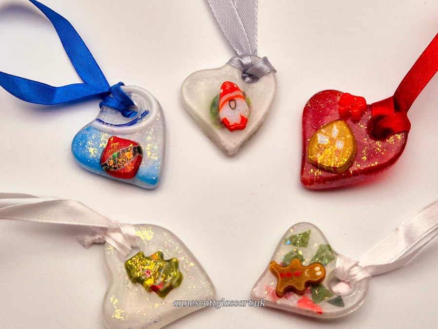 Five Handmade Fused Glass 3D Christmas Heart shaped Decorations