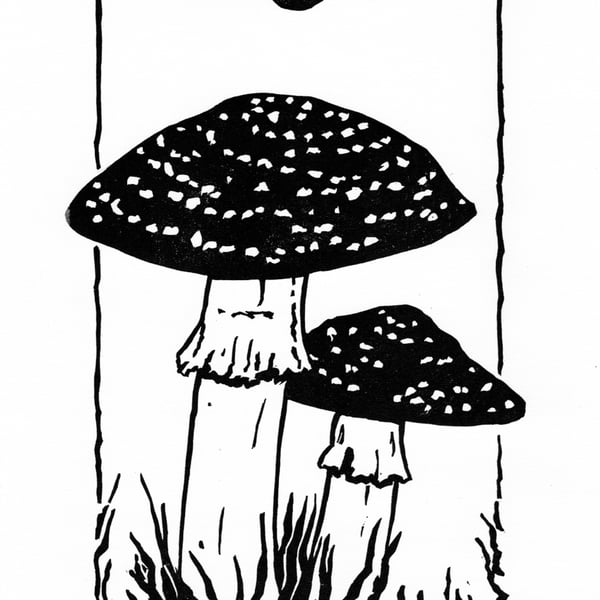 Toadstool Mushrooms Linocut Print - Fungi Lino Print - Hand Made Nature Artwork
