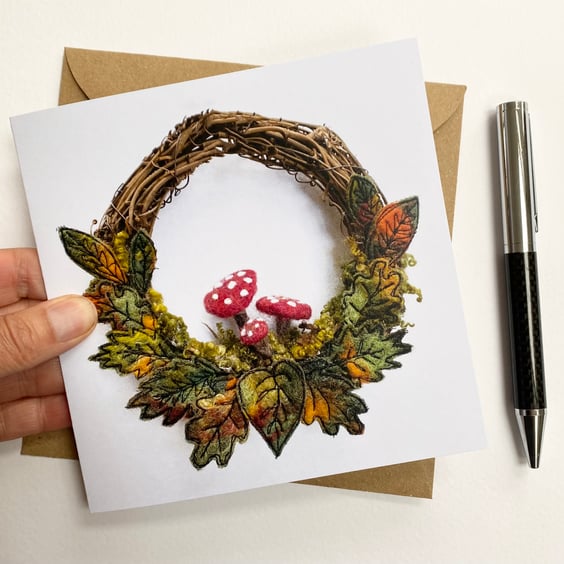 Autumn wreath mushroom and leaves printed greetings card.  