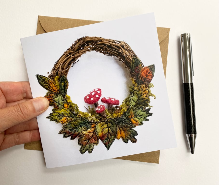 Autumn wreath mushroom and leaves printed greetings card.  
