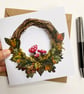 Autumn wreath mushroom and leaves printed greetings card.  