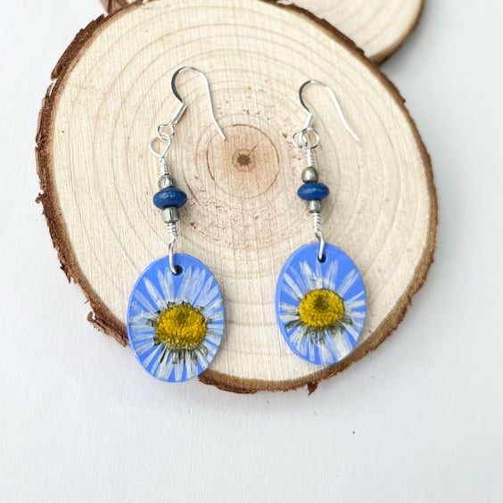 Real Pressed Daisy Blue Sliver Plated Dangle Wood and Bead Earrings