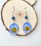 Real Pressed Daisy Blue Sliver Plated Dangle Wood and Bead Earrings - Image 1