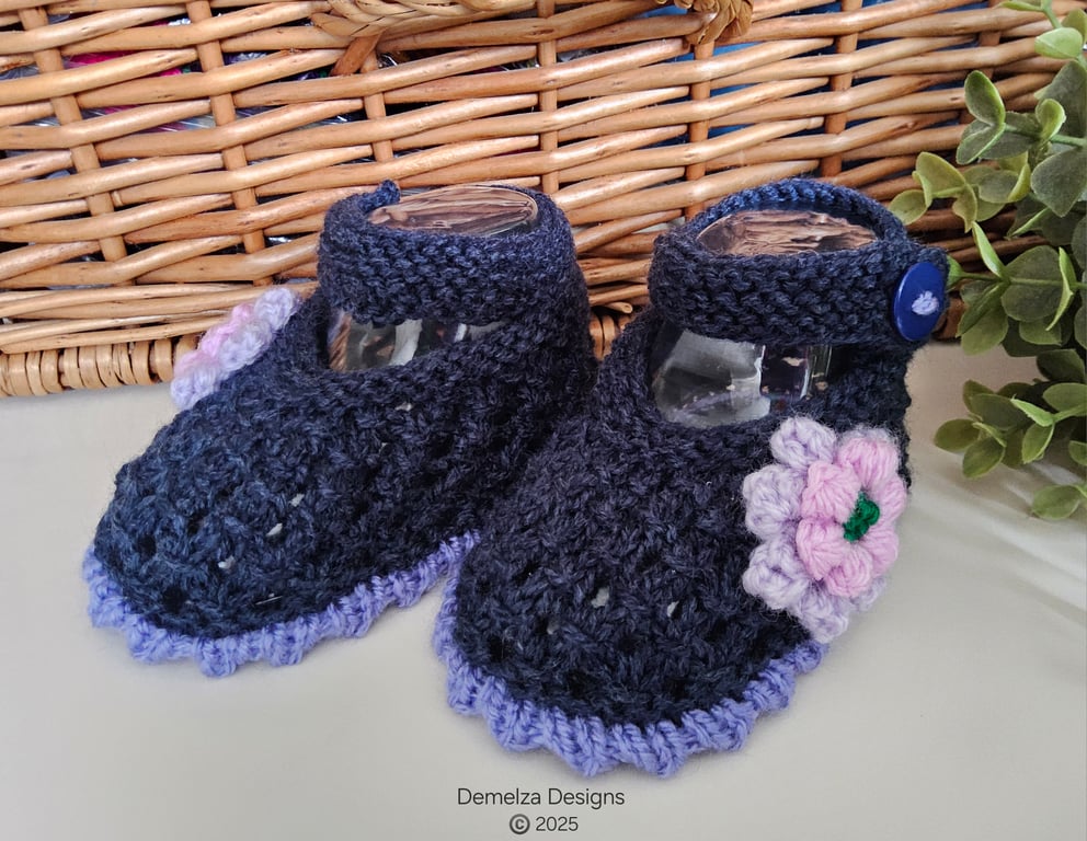 Designer Baby Girl's Denim Blue Hand Knitted Lacey Flower Shoes  3-6 months size