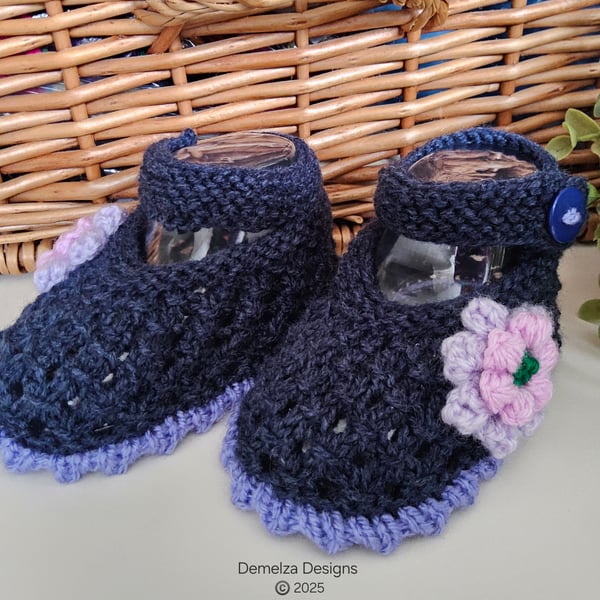 Designer Baby Girl's Denim Blue Hand Knitted Lacey Flower Shoes  3-6 months size