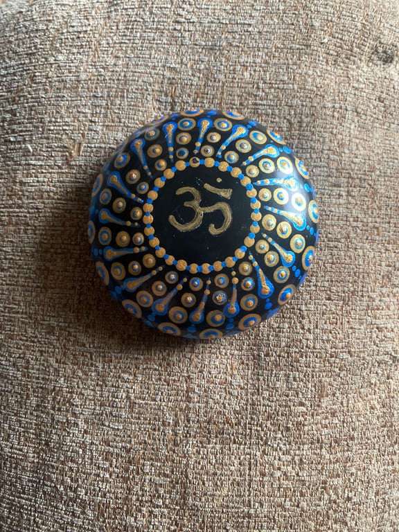 Mandala Stone – Blue and Gold, Hand-Painted Decorative Object