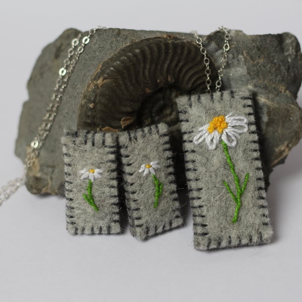 Daisy Wildflower Pendant and Earrings Felt and Sterling Silver Jewellery Set