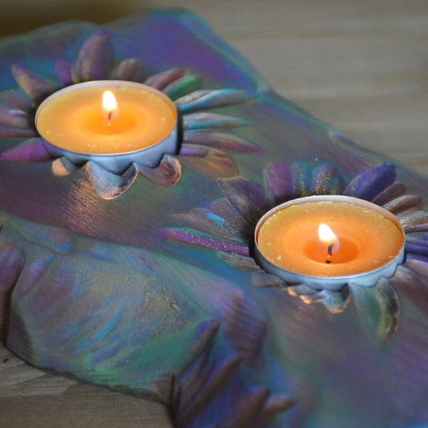 Handcrafted Wood Coastal Cottage Tealight Holder Candy Stripe Colours