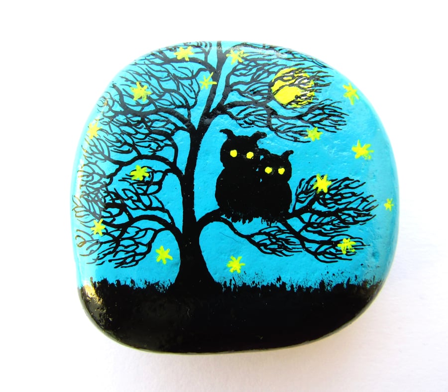 Painted Stone, Owl Tree Moon Painting, Pebble Art, Mother Daughter Gift Two Owls