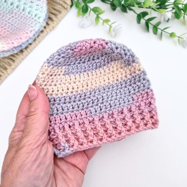 Crochet Newborn Baby Beanie Hat - Pebble Beach - Summer Seconds 