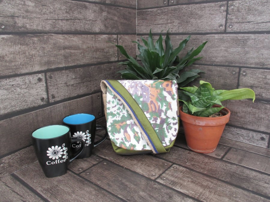 Image of Upcycled Coffee Sack - Mini Shoulder Bag - Green patterned fabric