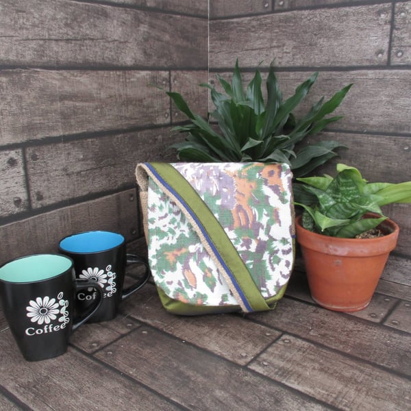 Upcycled Coffee Sack - Mini Shoulder Bag - Green patterned fabric