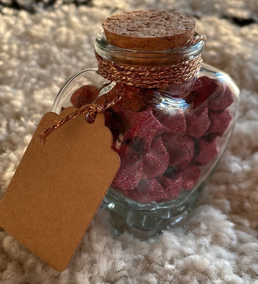 "Flame of Love" - Folded Sparkling Lucky Star in Heart Shaped Jar 