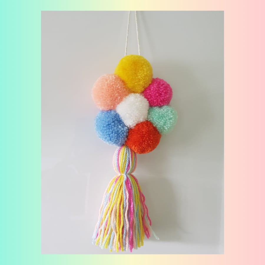Handmade Rainbow Pompom Flower Hanging – Soft Yarn Wall Art with Tassel