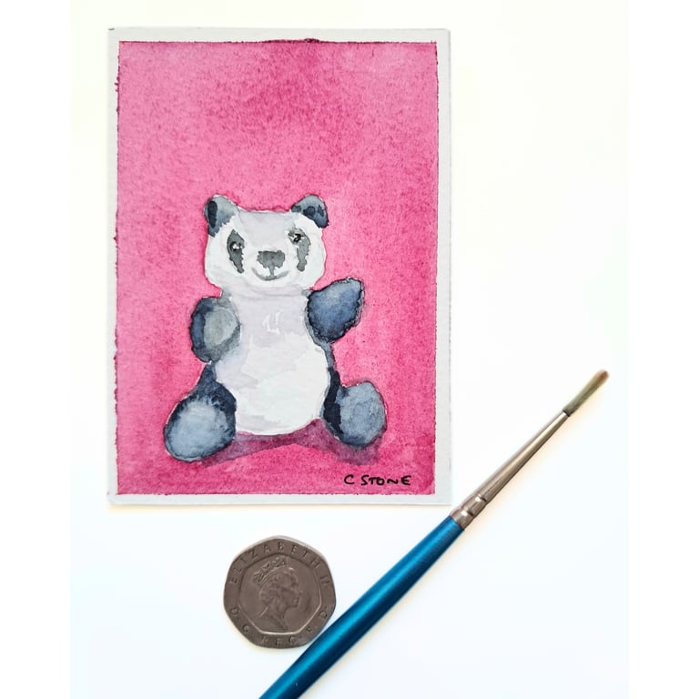 Original ACEO Miniature Watercolour Painting Giant Panda Cuddly Toy