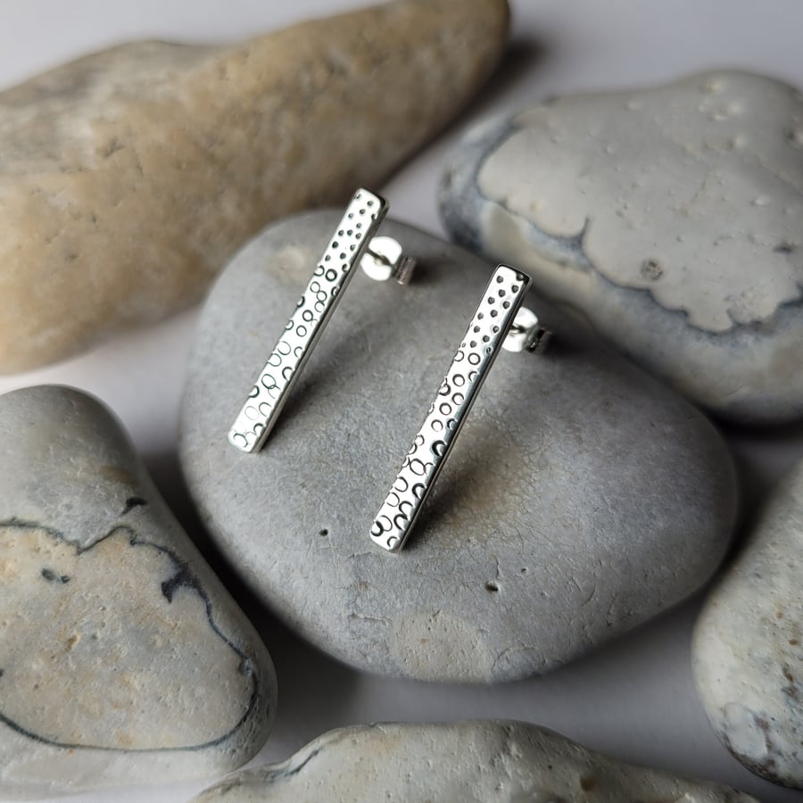 Pebble Textured Bar Stud Earrings, Handmade Sterling Silver Studs