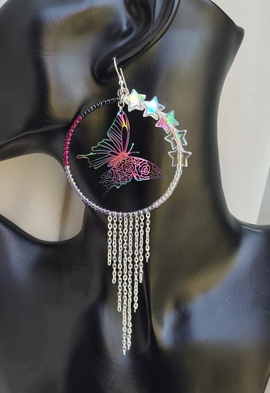 Large Dangly Earrings - Rainbow Butterflies and Stars - Style A