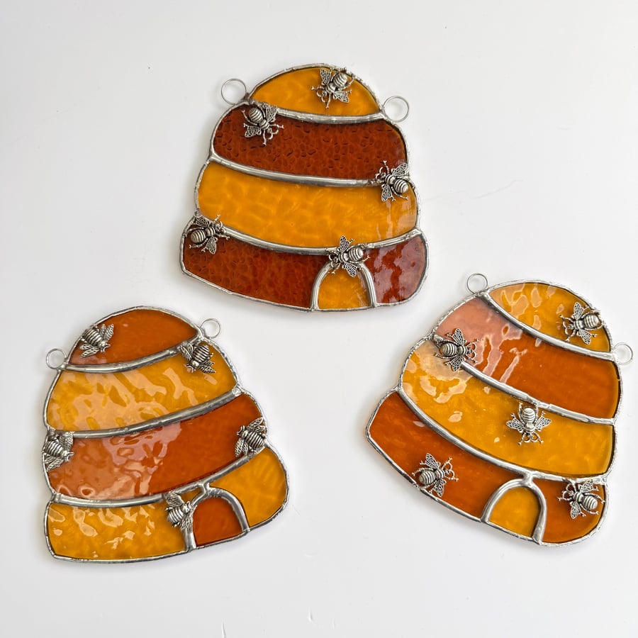 Image of Stained Glass Beehive Suncatcher - Handmade Window Decoration - Mini Bee Cluster