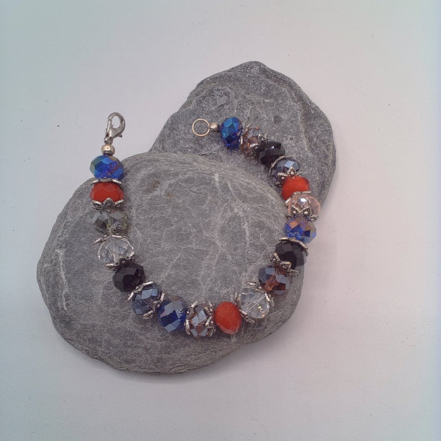 Multi Coloured Crystal Bracelet with Silver Plated Bead Caps, Gift for Her