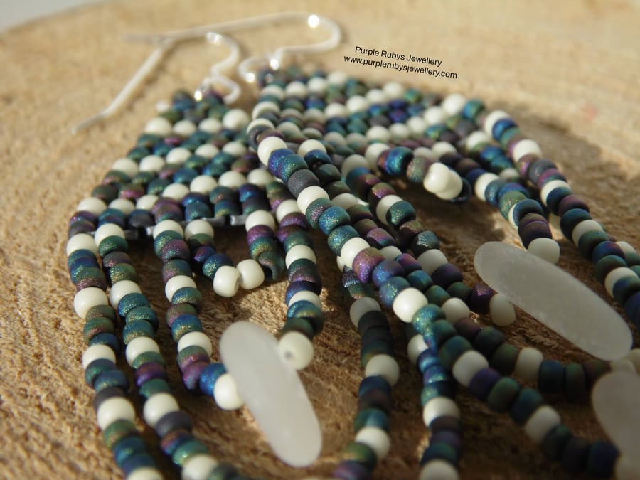 White Cornish Sea Glass & Peacock Beaded Teardrop Earrings E552