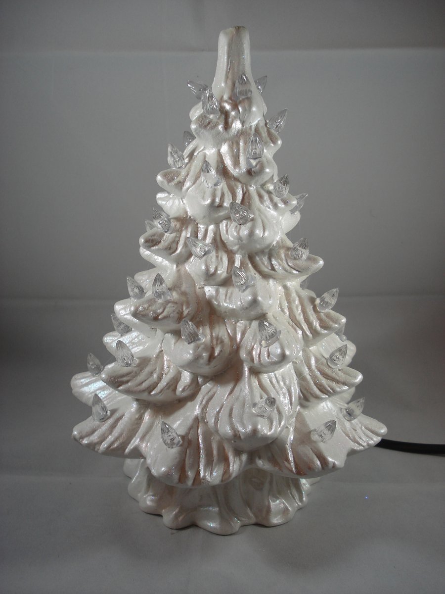 Small White Ceramic Xmas Christmas Tree LED Table Lamp Light Ornament Decoration